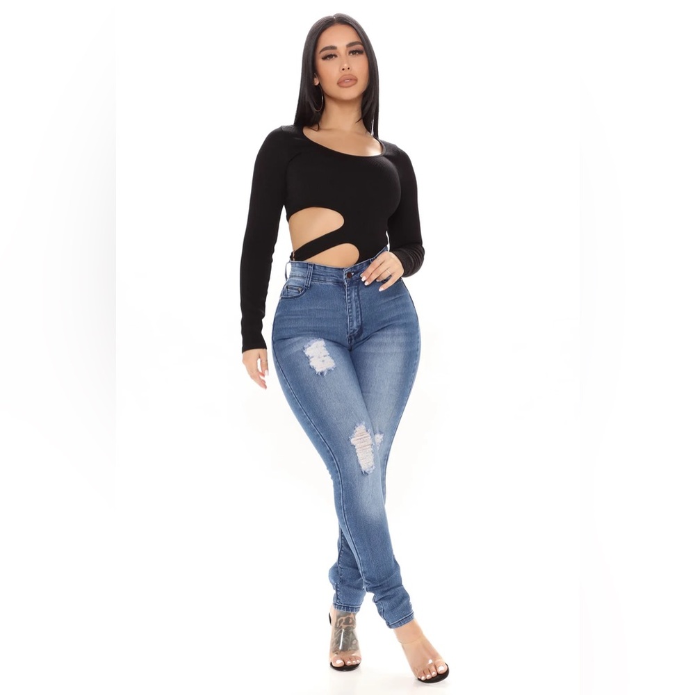 Fashion Nova Black Cutout Long Sleeve Bodysuit S/M Super Stretch